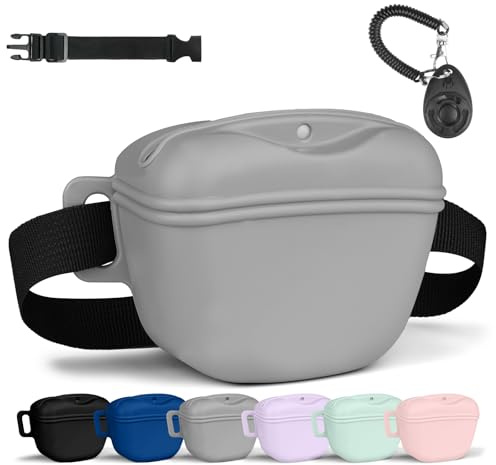 Aomig Sac Friandise pour Chien en Silicone, Accessoires Sac D'entraînement Doggie Treat Sac Pochette, Sacs de Nourriture Portables pour Les Promenades du Chien avec Clicker et Ceinture Dressage(Gris)