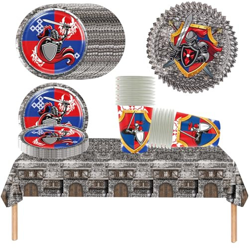 61 piezas de vajilla de fiesta medieval, juego de fiesta medieval, el juego incluye platos, tazas, toallas, manteles, fiesta de cumpleaños, cumpleaños