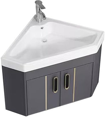 HXYhydrypd Badmöbel Set mit Waschbecken, Eckwaschbecken zur Wandmontage, Badezimmerschrank Set für Kleine Räume mit Kalt- und Warmwasserhahn(56cm/22in)