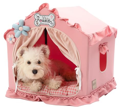 Jiupety Cuccia per cani con telaio, tenda per cani lavabile e pieghevole, casetta per cani per interni, lettino per cani ventilato con tetto per 4-9 kg, taglia M 43x43x43 cm, Rosa