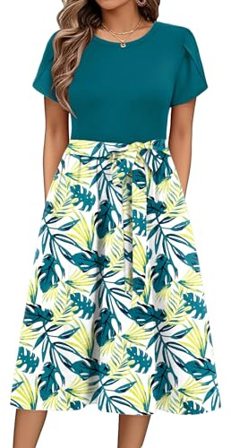 Zeagoo Abito Casual da Donna Manica Corta Vita Alta A Line Abiti Avvolgenti Scollo Rotondo Midi Abito Elegante Floreale FloralJ L