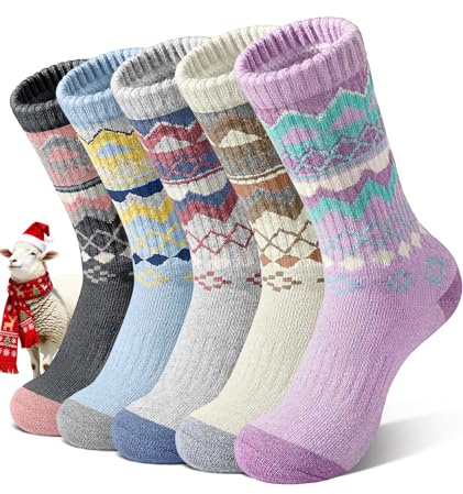 SIMIYA 5 Pairs Warm Socks Women Merino Wool Sock Breathable Winter Ladies Boot Socks for Walking Hiking Skiing 3-7