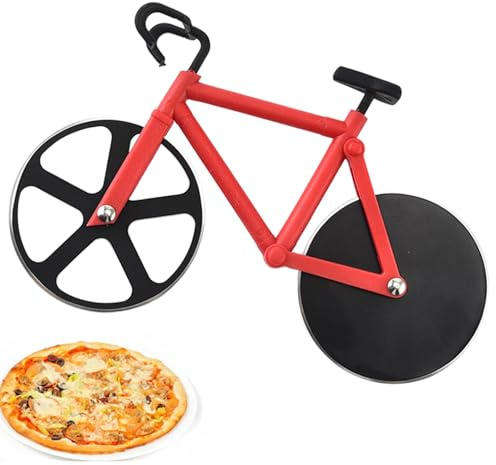 Bicycle Pizza Cutter, Bike Pizza Cutter Stainless Steel Pizza Wheel Slicer, Dual Pizza Knife Super Sharp Blades with Non-Stick Coating & Kickstand, Kitchen Gadgets Party Supplies, Red