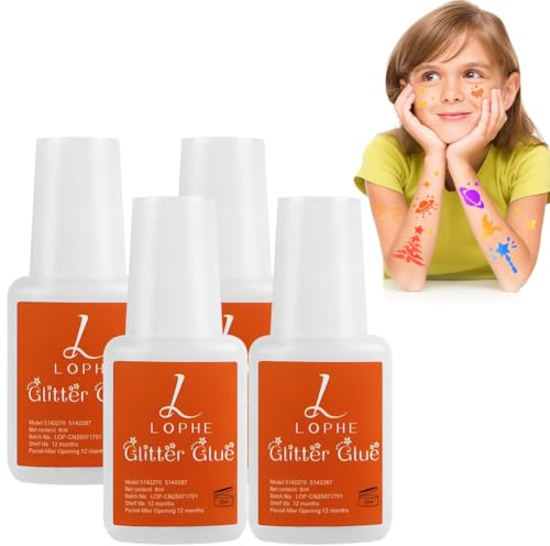 LOPHE 4pcs Body Glitter Glue - Strong Hold Skin Adhesive, Quick-Drying & Long Lasting, Water-Based Formula for Face Gems, Tattoos - Festival, Carnival, Easter, Cosplay, Kids Makeup,Beach Parties