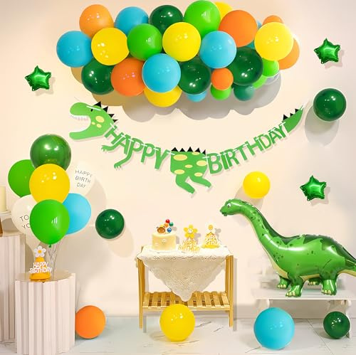 Seutgjie Palloncini Compleanno Dinosauri Happy Birthday Decorazioni Bambini Bambina con Ghirlanda Palloncini Cappellino da Festa Decorazioni per Torta Dino Palloncini Dinosauro in Foil