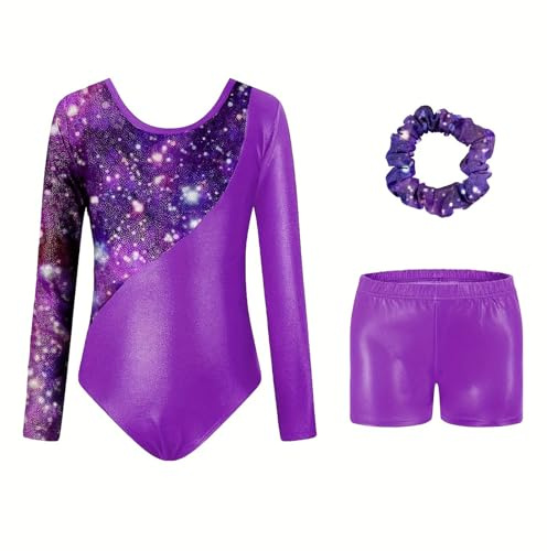 Generisch Justaucorps à manches longues pour fille avec impression numérique, combinaison de ballet pour l'entraînement et la performance, tissu extensible confortable, Violet foncé., 5-6 ans