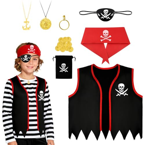 AOOWU Piratdräkt för barn, 8 delar piratdräkttillbehör, bandana, ögonband, halsband örhängen, pirat cosplay set för pojkar för karneval halloween cosplay