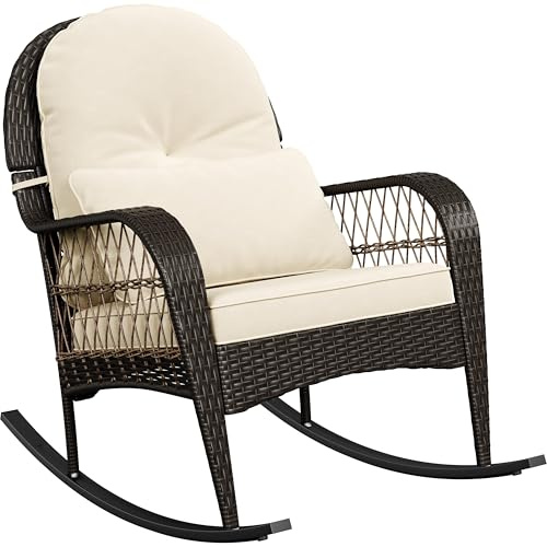 Yaheetech Rattan Rocking Chair with Lumbar Pillow & Cushion, Brown/Beige | All-Weather Hand-Woven Wicker | Relaxing Rocker with Lumbar Pillow & Cushion | For Patio, Poolside, Porch and Balcony