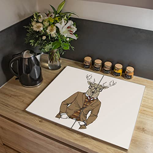 banjado® Herdabdeckplatte Glas 2-teilig 60x52 cm/Schneidebrett Herdabdeckung mit Motiv Doktor Hirsch/Herdabdeckplatten Ceranfeld 2teilig / Schneidebrett Glas individuell einsetzbar