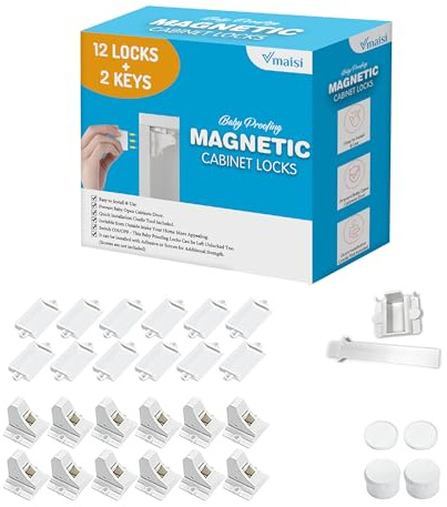 Vmaisi Adhesive Magnetic Cabinet Locks (12 Locks and 2 Keys)