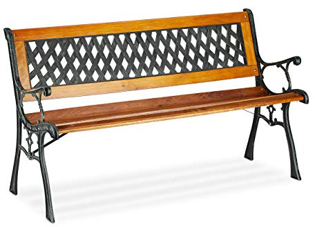 Relaxdays Trädgårdsbänk, 2-sits, dekorativt ryggstöd, gjutjärn, trästänger, parkeringsbänk, H x B x D 73 x 125 x 52 cm, natur