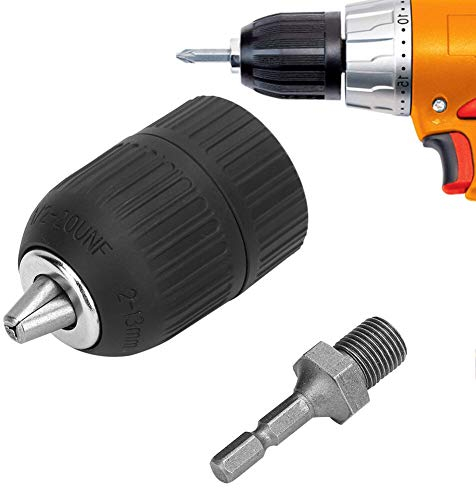 Keyless Drill Chuck Adapter, 1/2-20UNF Keyless Chuck, 2.0-13MM Plastic Shell Hand Tight Drill Chuck, with 1/4 Hex Connecting Rod, Quick Change Adapter Conversion Tool for Industry