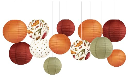 NICROLANDEE 12pcs décorations d'automne Bordeaux avec Feuilles d'érable lanternes en Papier à Suspendre pour Mariage, Anniversaire, fête de Thanksgiving, récolte Automne décorations pour la Maison