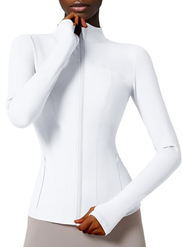 Locachy Dam Slim Fit Full Zip Atletisk Löpning Sport Träningsjacka med fickor, Stil 02 Vit, M