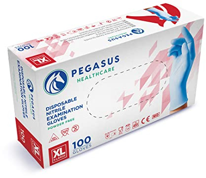 Pegasus Healthcare Pack of 100 Disposable Nitrile Examination Gloves | Latex and Powder Free | Sizes XS to XL | Suitable for Medical Clinics, Hospitals, Dentists, Laboratory Use, IT use Etc (X-Large)