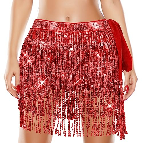 Quasten Pailettenrock Mädchen Schwarz Silber Rosa Steampunk Quastenrock Bauchtanz Hüftschal Quaste Pailletten Rock Quastenkarnevalsrock Röcke Rave Outfit Bauchtanz Kostüm Damen Belly Dancer (Rot)
