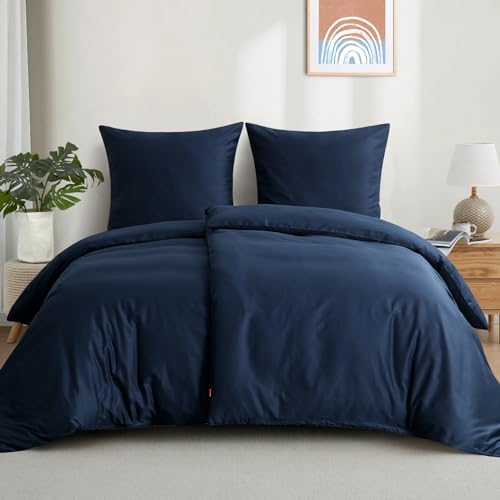 Aisbo Bettwäsche 135x200 Baumwolle 4teilig - Bettwäsche-Sets Blau Bettbezug 2er Set mit 2 Kissenbezüge 80x80 cm, Baumwollbettwäsche Set, Oeko-TEX Bettwäsche Blau mit Reißverschluss