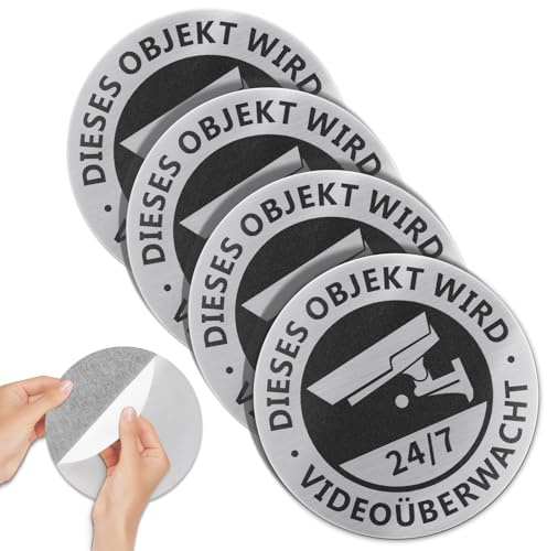 Hejo 4 Stück Videoüberwachung Schild - Aluminium Achtung Kamera, Kameraüberwachung, Selbstklebendes Überwachung für Öffentliche und Private Orte (φ 7,5cm, Rund)