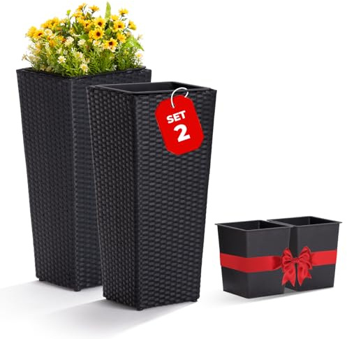 Idzo Wicker All-Weather Planter Set with Liners Tall Plant Decor Box for Outdoors Patio Herb Garden Furnishings - Rectangular Mocha