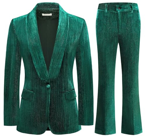 Lamgool Women Pantsuit Dressy Silver Thread Velvet 2 Piece Suit Set Blazer and Flared Pants (Dark Green, X-Large)