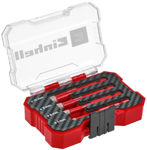 Original Einhell XS-CASE Set di punte diamantate per piastrelle da 4 pz. (taglio a secco, diamante da 7 mm, riempimento con paraffina, tagliente turbo sottile, gambo E 6.3, scatola di custodia)