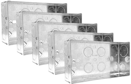 Evoges Double Metal Back Box, 35mm, 2 Gang, 1.0mm Thickness for Electrical Sockets Switches, BS4662 Standard, 20mm & 25mm Knockouts, Adjustable Lug, Brass Terminal (Pack of 5)