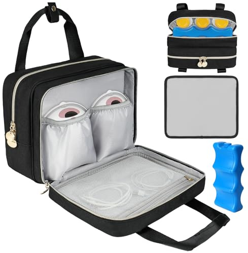 Jaffzora Breast Pump Storage Bag with Cooler Compartment, Wearable Pump Carrying Case Compatible with Momcozy M5/S12 Pro, Elvie & Medela, Includes Ice Pack & Waterproof Mat, Black