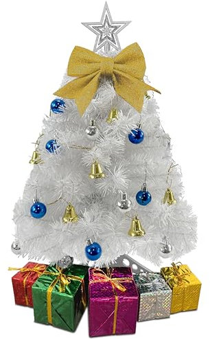 stargo Piccolo Albero di Natale Bianco - Mini Albero di Natale da Tavolo da 60 CM con Ornamenti Appesi, Fiocco Decorativo e Scatole Regalo - Albero da Tavolo per Decorazioni Natalizie Fai da Te