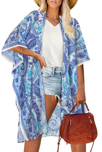 florynova Kimono for Women Summer Cardigans Open Front Swimsuit Cover Up Hawaiian Beach Shirts(White Blue Cycle,XL)