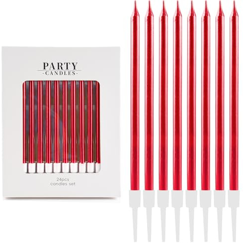 24 Pièces Bougies d'Anniversaire Métalliques Rouge– avec Supports – Bougies Décoratives pour Gâteau – Anniversaire, Mariage, Fête Adulte & Enfant – Décoration de Fête Élégante