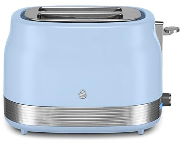 Swan ST19028BLU Retro 2 Slice Toaster with 6 Browning Levels for Toast, Bagels, Breakfast Muffins, Defrost/Reheat/Cancel, Hidden Cord Storage, Non-Slip Feet, 930W, Blue and Stainless Steel