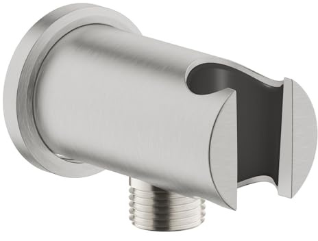 GROHE Rainshower Shower Outlet Elbow with Hand Shower Holder and Round Escutcheon Ø 48 mm, Male Connection Thread 1/2, Wall-Mounted, Protected Against Backflow, Supersteel, 26658DC0