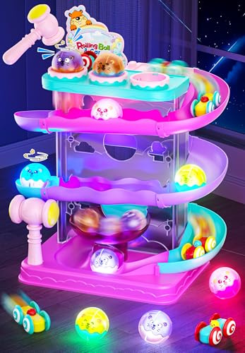 2-in-1 Rolling Ball & Car Ramp Race Track for Toddlers, Hammer Ball Drop Toy for Boys & Girls, Interactive Toys w/Sensor Lights - Montessori STEM Learning Toys - Brithday Gift for Kids 1-5+ Year Old