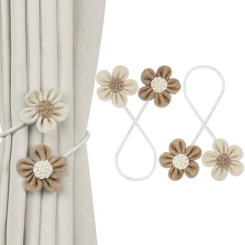 KLOGTSIND Flower Curtain Tiebacks, 2 Pack Boho Curtain Ties Elegant DIY Curtain Holdbacks, Decorative Window Drape Twist Tie Backs for Bedroom Decor, Nursery Decor, Farmhouse Decor