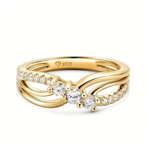 Jeulia Sterling Silver Infinity Ring: Women Personalized Eternity Knot Ring Round Cut Cubic Zirconia Promise Engagement Rings Band Anniversary Jewellery for Her Wife (Three Stone-Gold, J-½)
