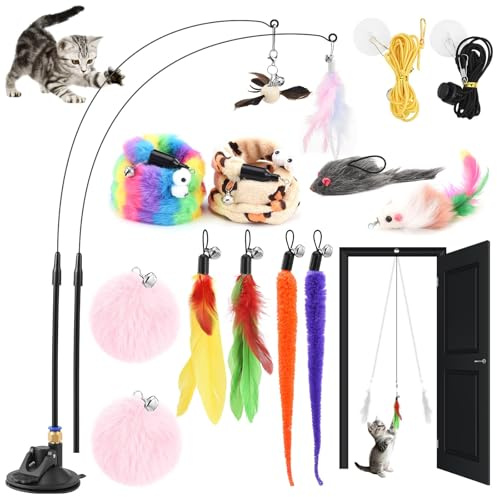 Holtrae 17 Piezas Juguetes Interactivos Gato, Caña de Pescar Juguete con Ventosa y Plumas, Juguetes para Gatos con Campanas y Recambios, Ideal para Gatitos Que Juegan Solos en Interior