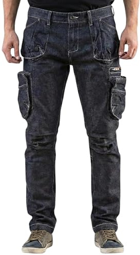 NEO TOOLS Pantalon de Travail en Denim 8 Poches pour Homme Taille XS à XXXL Coutures renforcées au Niveau des Genoux Mélange 98% Coton 2% élasthanne Poches Multifonctions Effet Cargo - Bleu - XXL