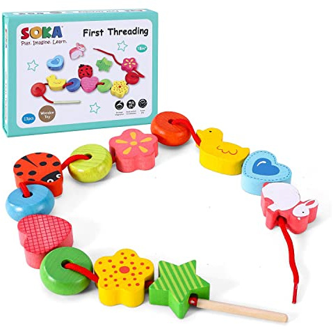 SOKA First Threading Wooden Toy Children Kids Lacing Beads Educational Montessori Toy Baby Toddler Color Activity Learning Games for 2 year old and up Girls Boys Gifts