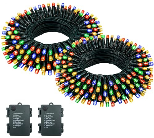 Guirlande Lumineuse Exterieure Intérieur 5m/50LEDs Pile Guirlande Lumineuse Sapin Guirlande led par 8 Modes, Minuterie, IP44 Étanche, Guirlande Noel par Chambre, Mariage, 2 Pièces, Multicolore