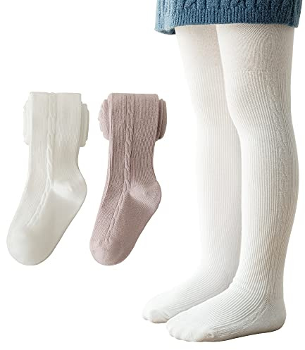 Snegyu 2-par strumpbyxor för flickor tillbaka till skolan uniform enkla strumpbyxor stickade bomull rika flickor leggings småbarn barnstrumpbyxor för 1–10 år, Vit + lila, 8-10 år