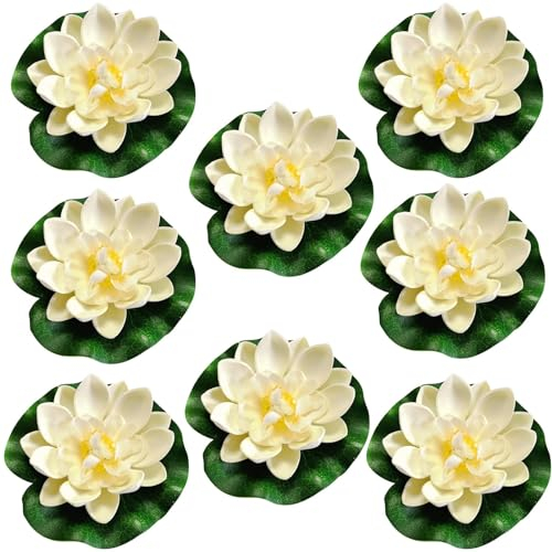 Lot de 8 nénuphars artificiels flottants - Plantes de bassin artificielles - Nénuphars artificiels - Décoration d'étang flottante pour aquarium, terrasse, jardin, étang