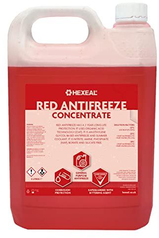 Hexeal Red Antifreeze 5L – 5L of High Concentrate Long Life Engine Coolant & Antifreeze for Cars & Vans – Summer & Winter – All Year Freeze Protection to -37 Degrees Celsius