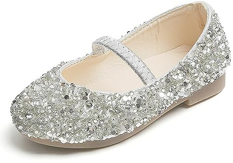 Princess Shoes Girls Glitter Mary Jane Flat Sandal Sequin Party Wedding Birthday Dress Cosplay Shoes for 3-7 Years Toddlers Kids Silver