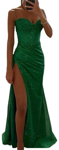 Agiyenna Robe de Soirée Élégante à Paillettes pour Femmes - Sans Manches, Épaules Dénudées, Longue, Sexy, Moulante, Col en V, Bretelles Spaghetti, Fente Haute, Tendance