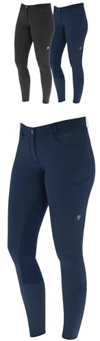 Covalliero - Damen Reithose Vollbesatz mit Lederimitat | Reitleggings mit 2 Handytaschen | Herbst & Winter Reiterhose | atmungsaktiv & elastisch | Reitbekleidung in Dark Navy | Größe 40
