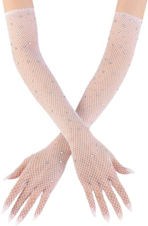 FSSTUD Gants en résille de 45 cm avec strass - Longs gants extensibles en maille pailletée - Gants de bras - Gants en filet de pêche - Longueur du coude, blanc, 45 x 7cm (L x W)