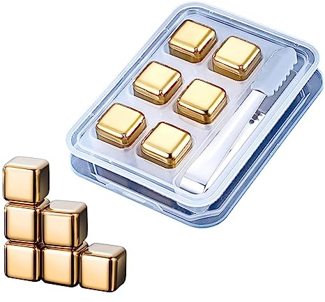 EnMart 6 Hielos de acero inoxidable dorados, Piedras refrigerantes reutilizables para whisky, Incremente su placer de beber, Regalo ideal para los amantes del vino