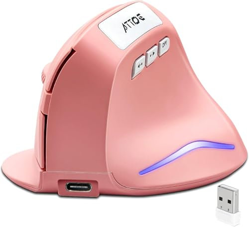 Maxspace Ergonomic Mouse, 2.4GHz Wireless Vertical Mouse Computer Mouse with 3 Adjustable DPI 1000/1600/ 2400, Optical Sensor, 6 Buttons, Rechargeable Wireless Mouse for Laptop Desktop Mac (Pink)