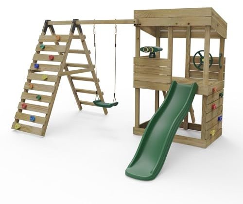 Rebo Lookout Tower Playhouse with Swing and Climbing Wall plus 6ft Slide - Crest
