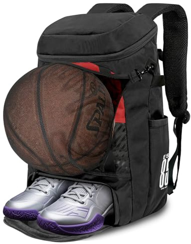 KINGSLONG Basketball Rucksack Fußballrucksack Große Kapazität Softball Tasche mit Schuhfach und Zaunhaken, leichte Fußball Volleyball Softball Ausrüstung für Schläger, Helme, Hüte Rot und schwarz